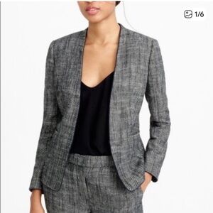 J. Crew Linen Blend Herringbone Collarless Blazer with Navy Piping Trim Sz 4